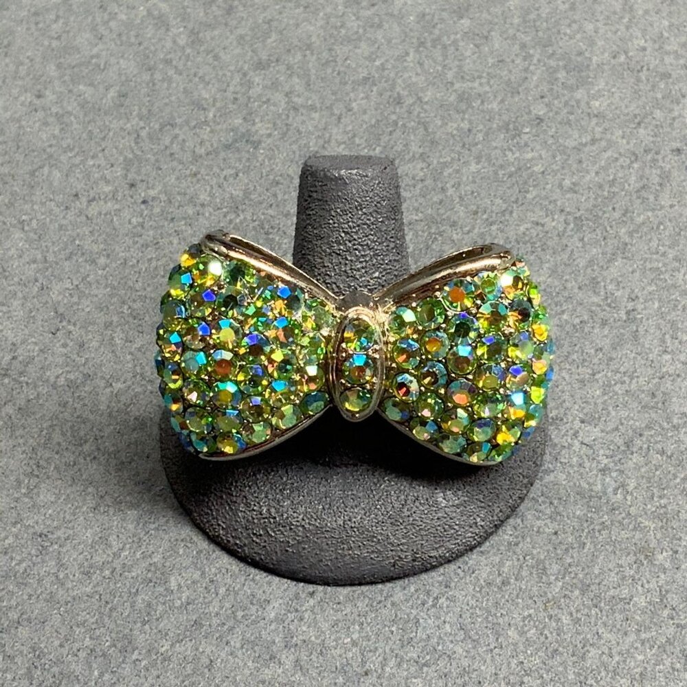 Rhinestone Bow Bling Ring Adjustable Lime Green Silver Statement Glam Cocktail